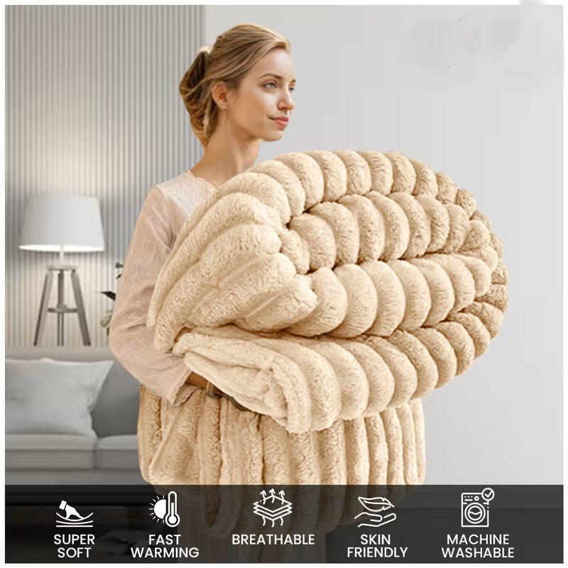 Cream Ultra-Soft Fleece Throw Blanket for Couch & Bed – Cozy Plush Ribbed Texture,