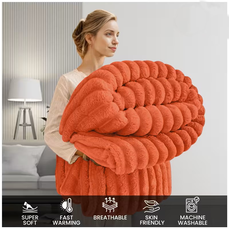 Rust color Ultra-Soft Fleece Throw Blanket for Couch & Bed – Cozy Plush Ribbed Texture,