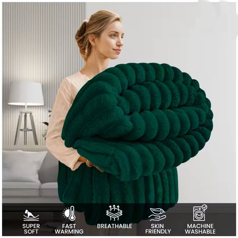 Dark Green Ultra-Soft Fleece Throw Blanket for Couch & Bed – Cozy Plush Ribbed Texture,