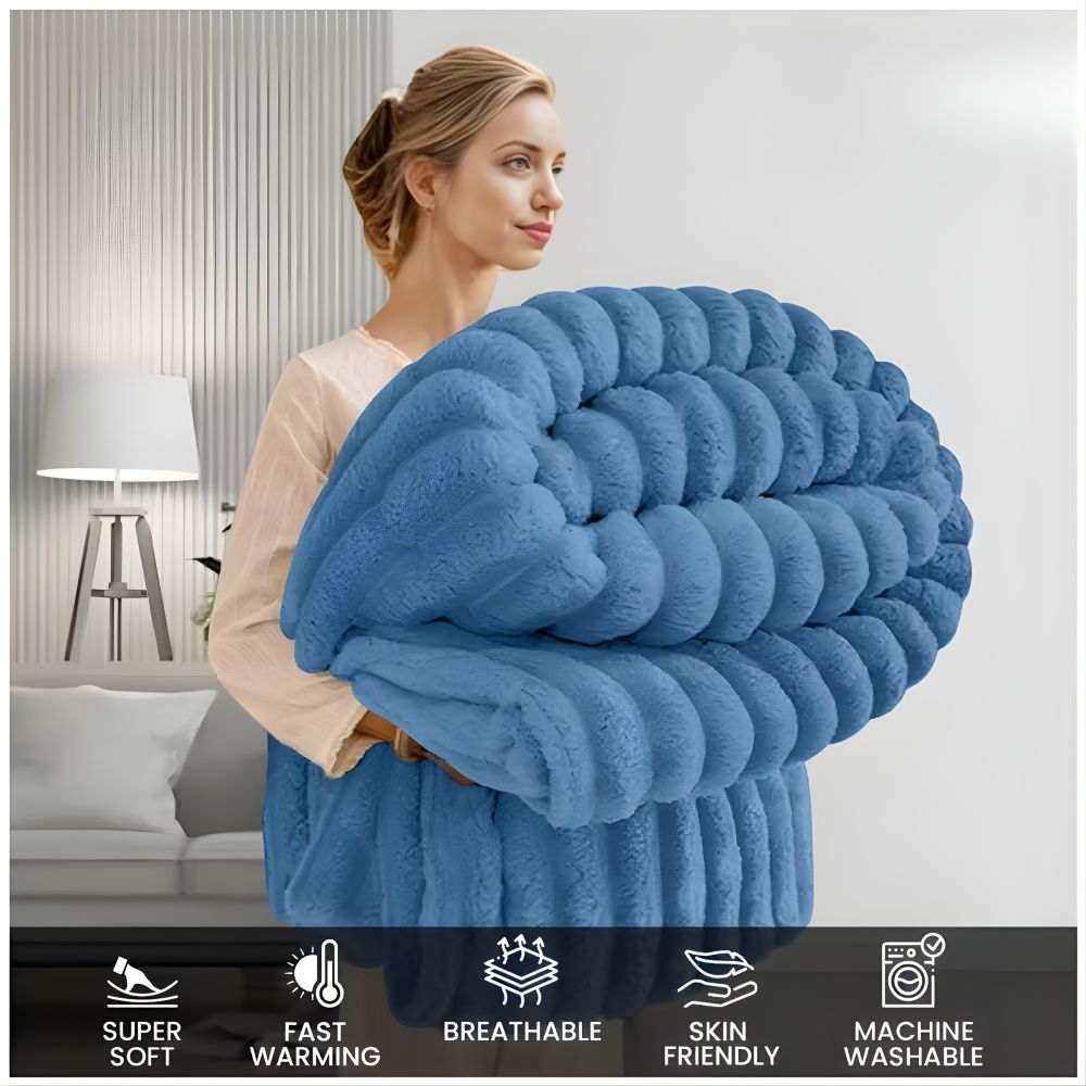 Ultra-Soft Fleece Throw Blanket for Couch & Bed – Cozy Plush Ribbed Texture, Navy Color
