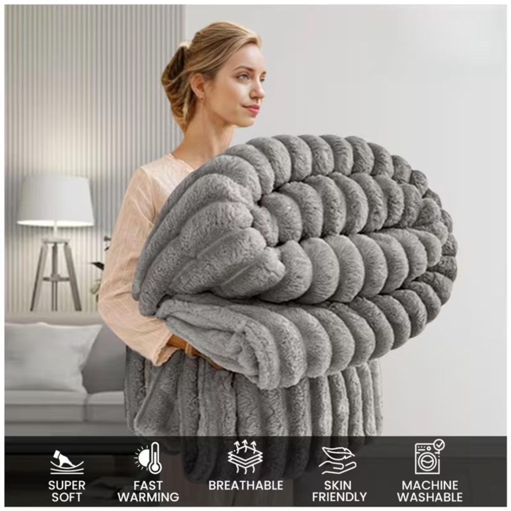 Silver Ultra-Soft Fleece Throw Blanket for Couch & Bed – Cozy Plush Ribbed Texture,
