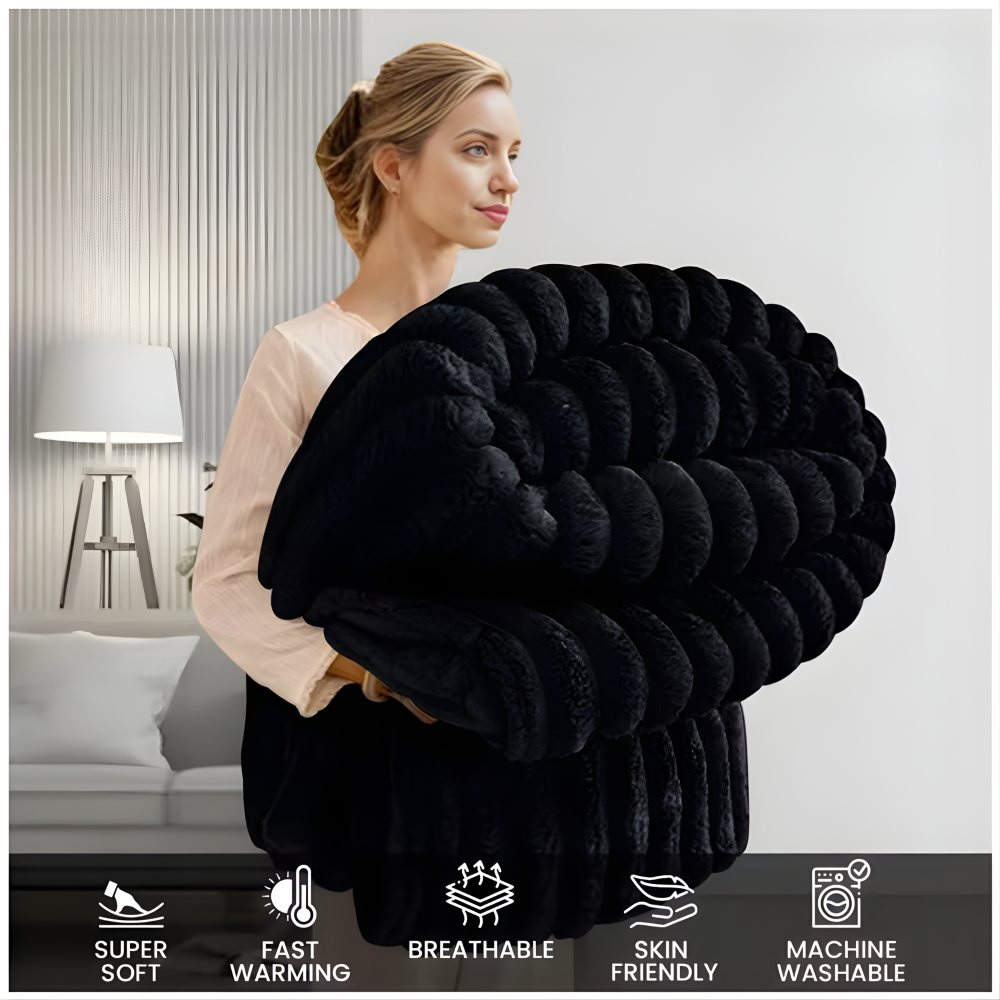 Black Ultra-Soft Fleece Throw Blanket for Couch & Bed – Cozy Plush Ribbed Texture,